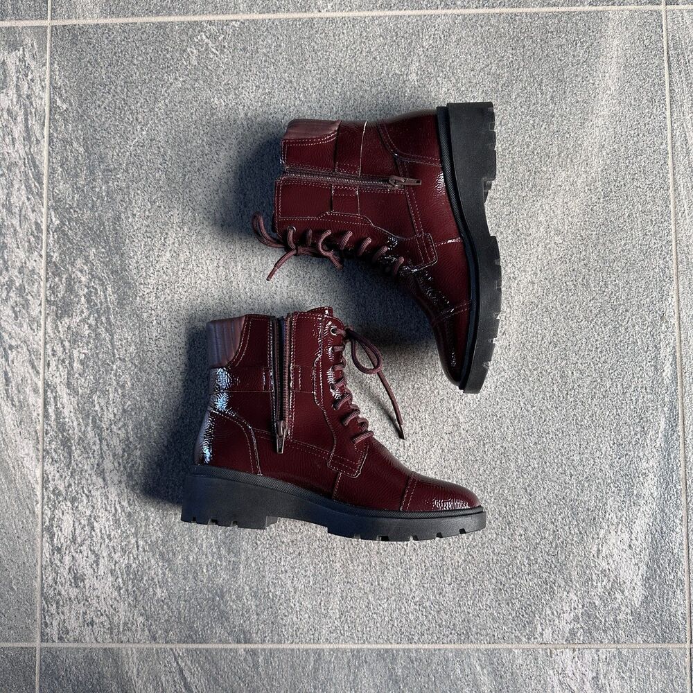 NIB Clarks Calla Dance Lace-Up Buckled Boots Side Zip Burgundy Patent Women's 7W - Picture 8 of 12